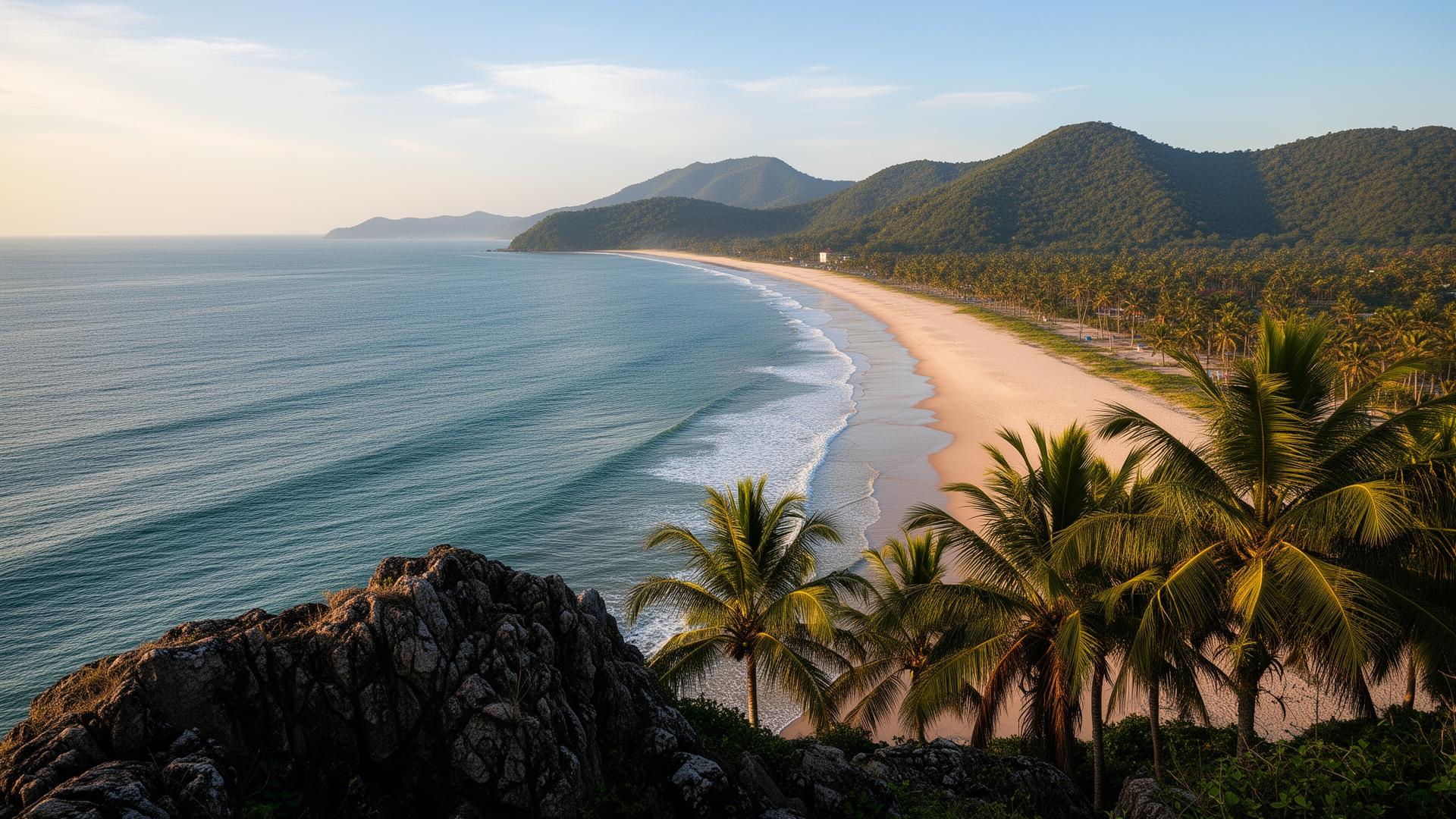 Praia Brava de Itajaí com vegetação nativa e mar calmo
